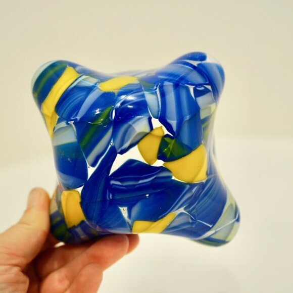 Blue & Yellow Blown Glass Hanker-chief Candle Votive - Picture 9 of 10